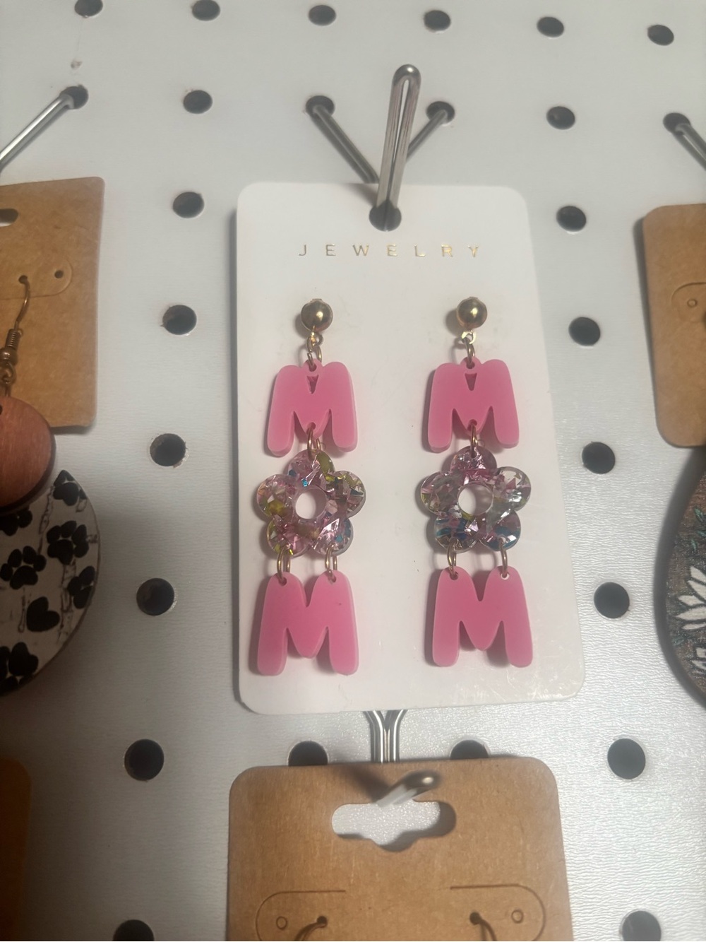 Pink 'MOM' Dangle Earrings with Crystal Flower Accent